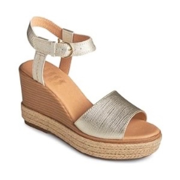 SPERRY Gold Leather Espadrille Ankle Strap Open Toe Ankle Strap Shoes, Size 7 - Picture 1 of 13